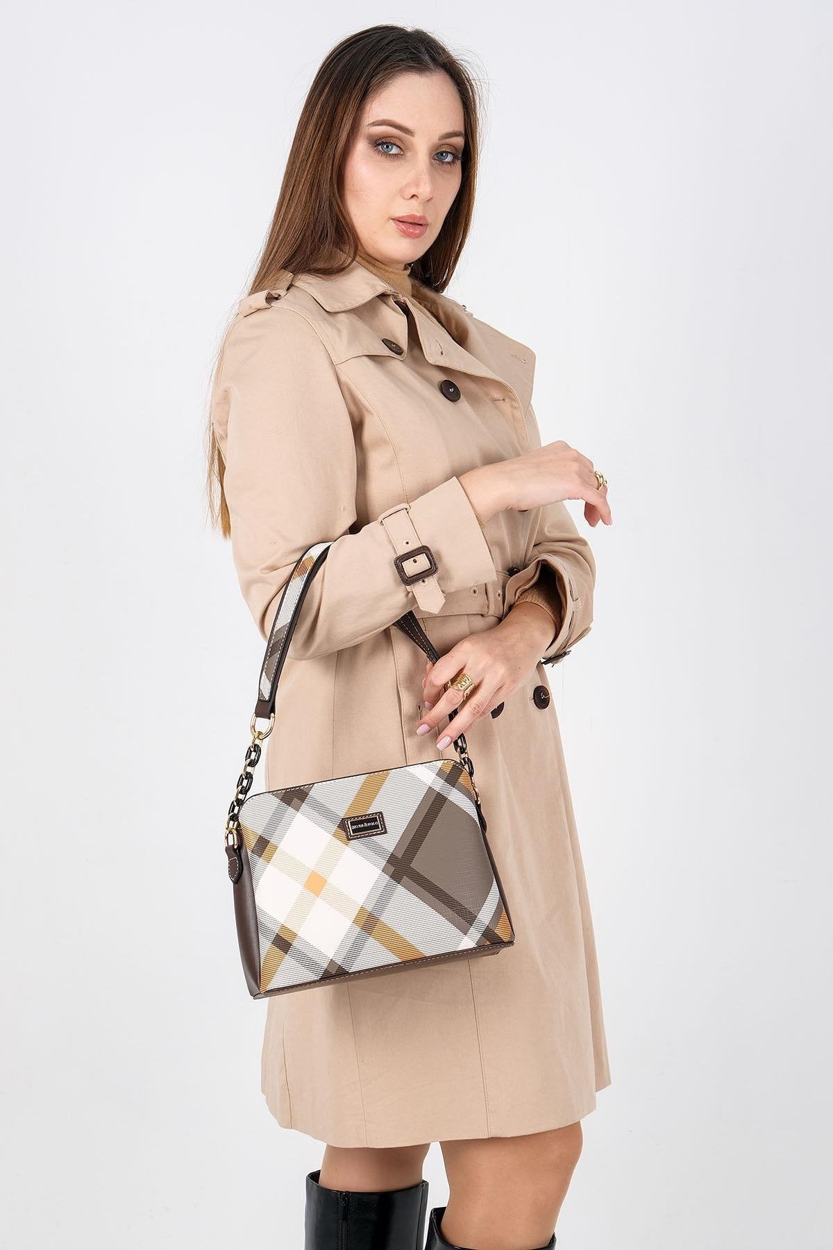 Silver & Polo SP937 Kadın Omuz Çantası Ekose Haki-Kahve