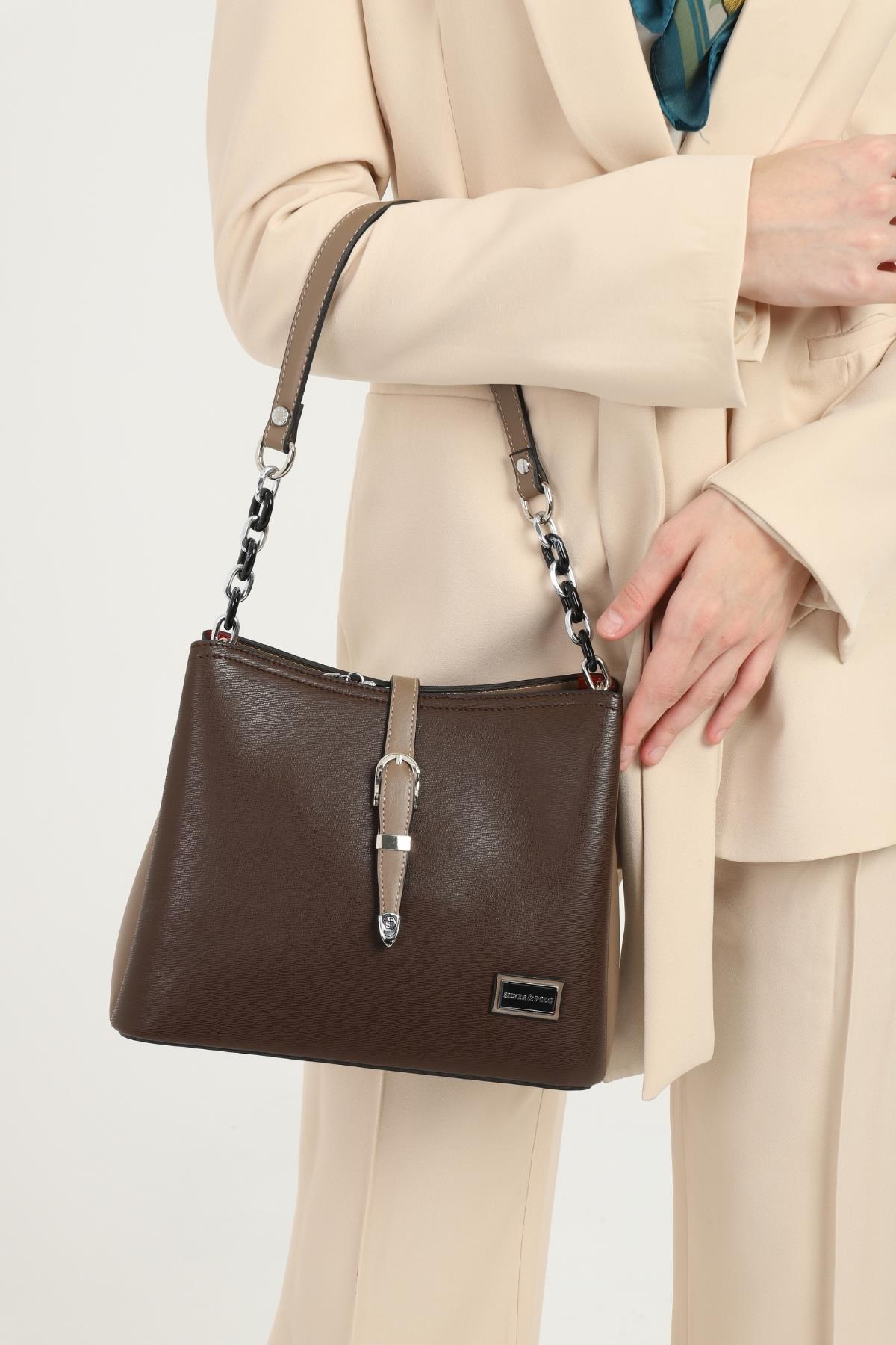 Silver & Polo Kahve - Vizon SP974 Kadın Omuz Çantası