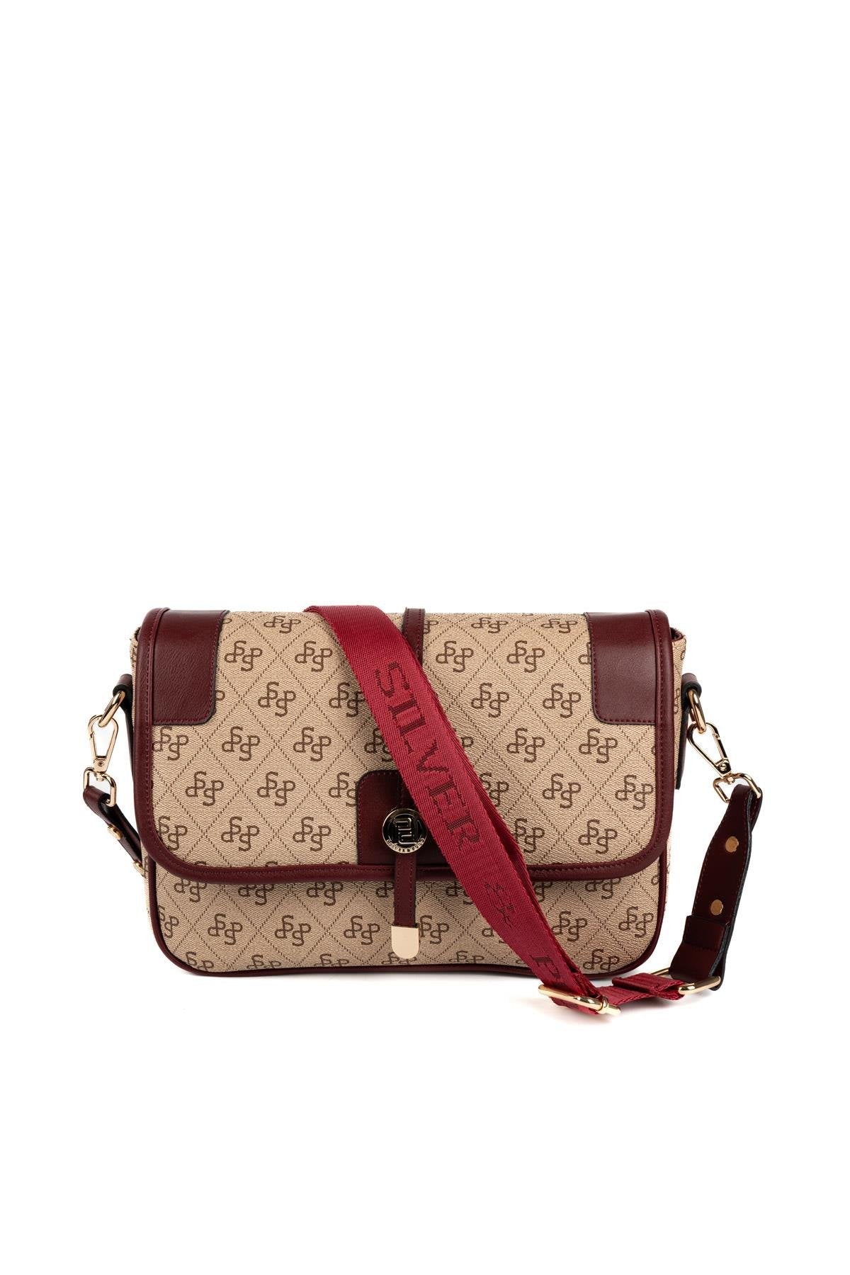 Silver & Polo SP1182 Kadın Çapraz Çanta Monogram Koyu Bej-Bordo