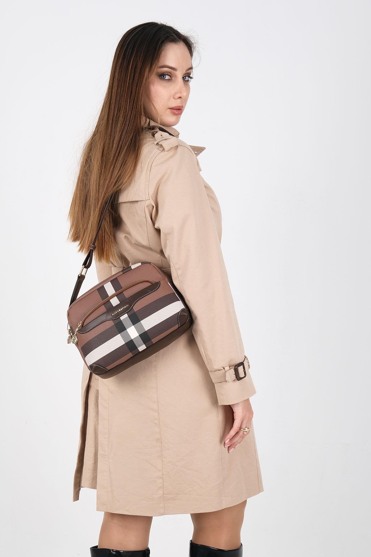 Silver & Polo SP1201 Kadın Çapraz Çanta Ekose Koyu Kahve-Kahve