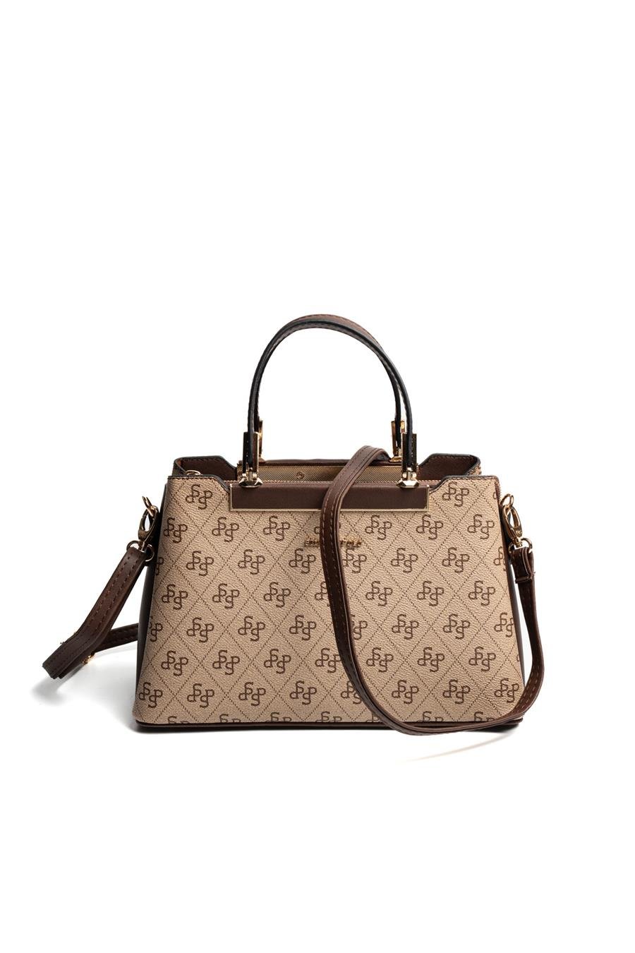 Silver & Polo SP913 Kadın El Çantası Monogram Koyu Bej-Kahve
