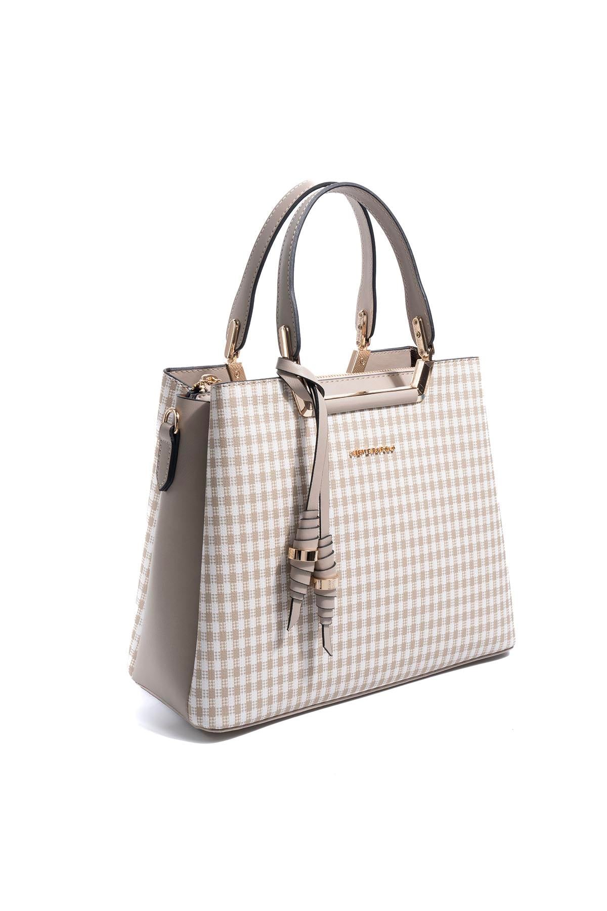 Silver & Polo SP969 Kadın El Çantası Ekose Line Kare Kum Beji-Kum