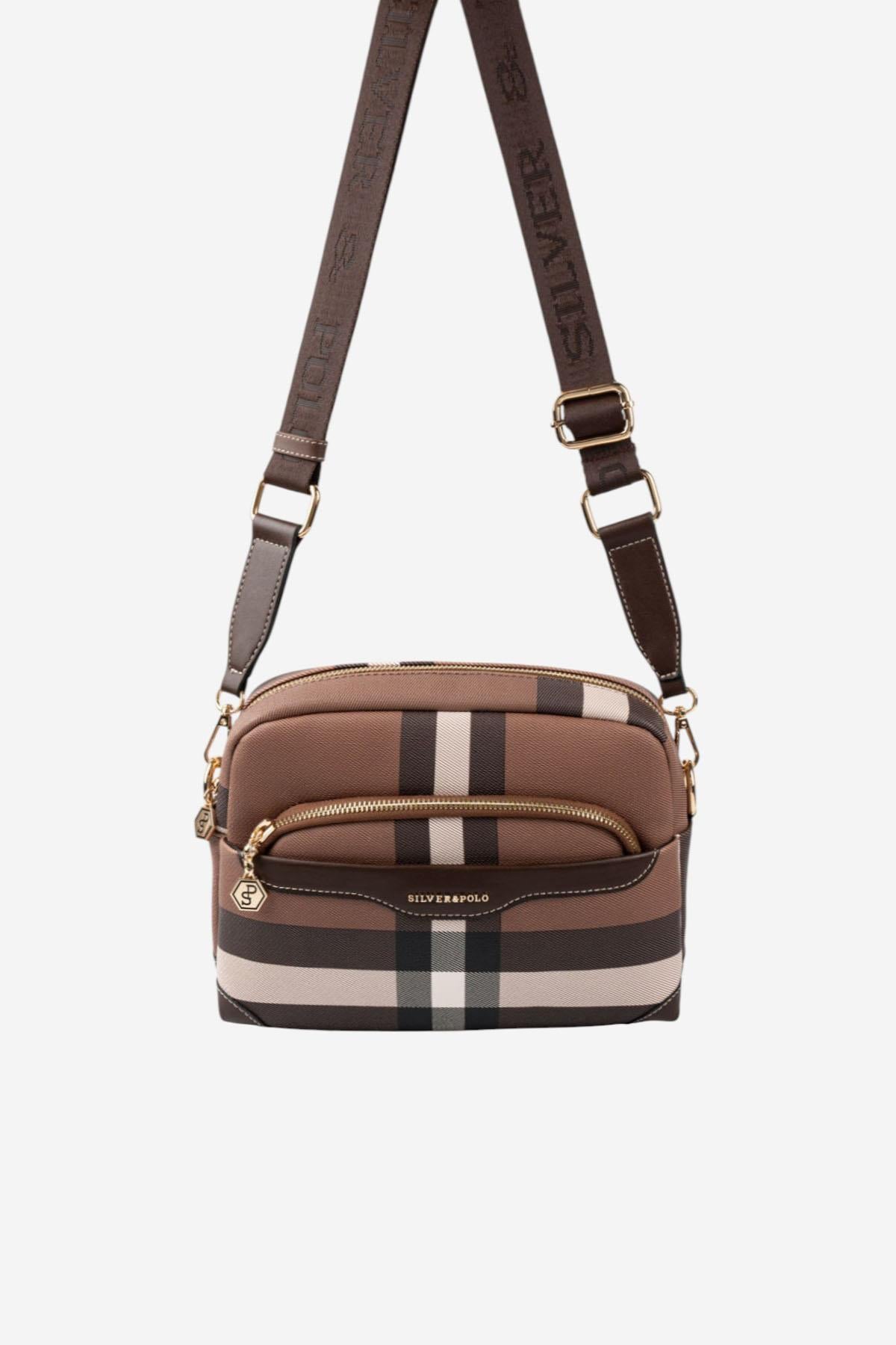 Silver & Polo SP1201 Kadın Çapraz Çanta Ekose Koyu Kahve-Kahve