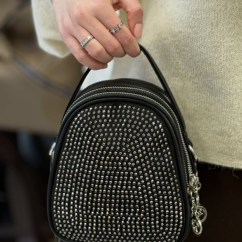 Nas Bag Siyah Gümüş Taşlı Üç Bölmeli Mini Çapraz & El Çantası – 948