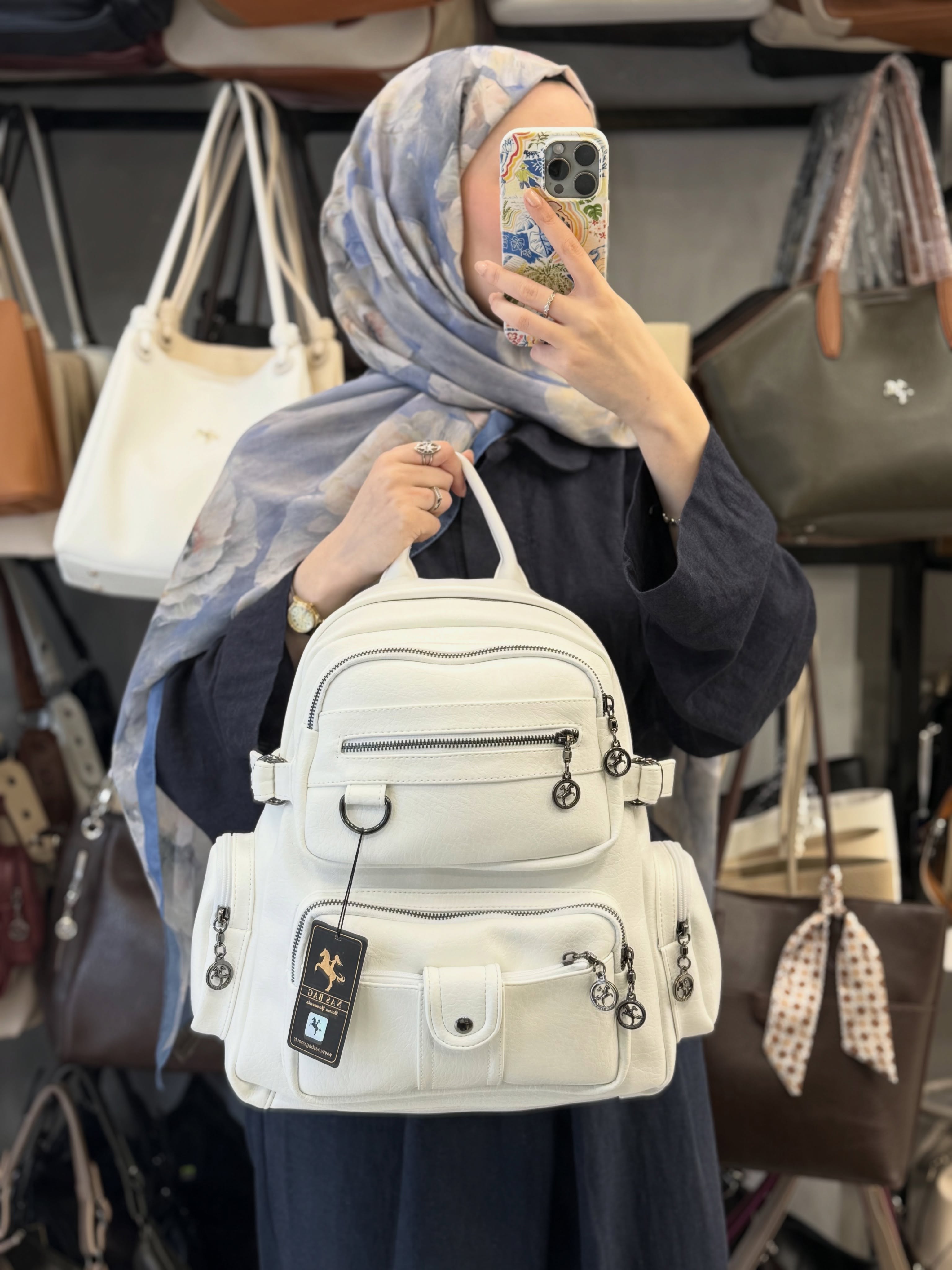 Nas Bag Beyaz Çok Bölmeli Kadın Deri Sırt Çantası - 951