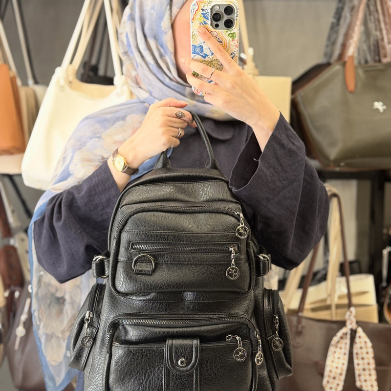Nas Bag Siyah Çok Bölmeli Kadın Deri Sırt Çantası - 951