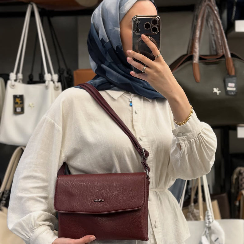 Nas Bag Bordo Çok Bölmeli Kapaklı Omuz Çantası - 985 - 1
