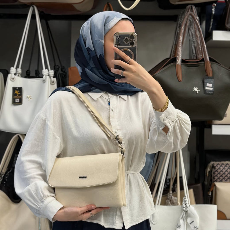 Nas Bag Krem Çok Bölmeli Kapaklı Omuz Çantası - 985 - 1