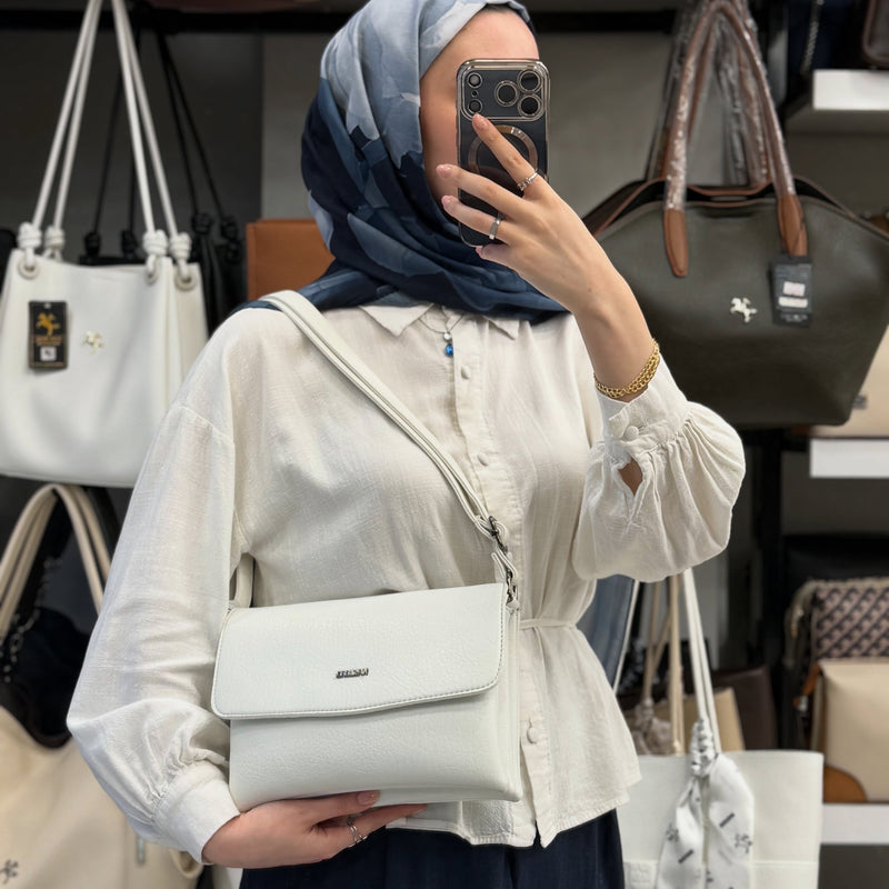 Nas Bag Beyaz Çok Bölmeli Kapaklı Omuz Çantası - 985