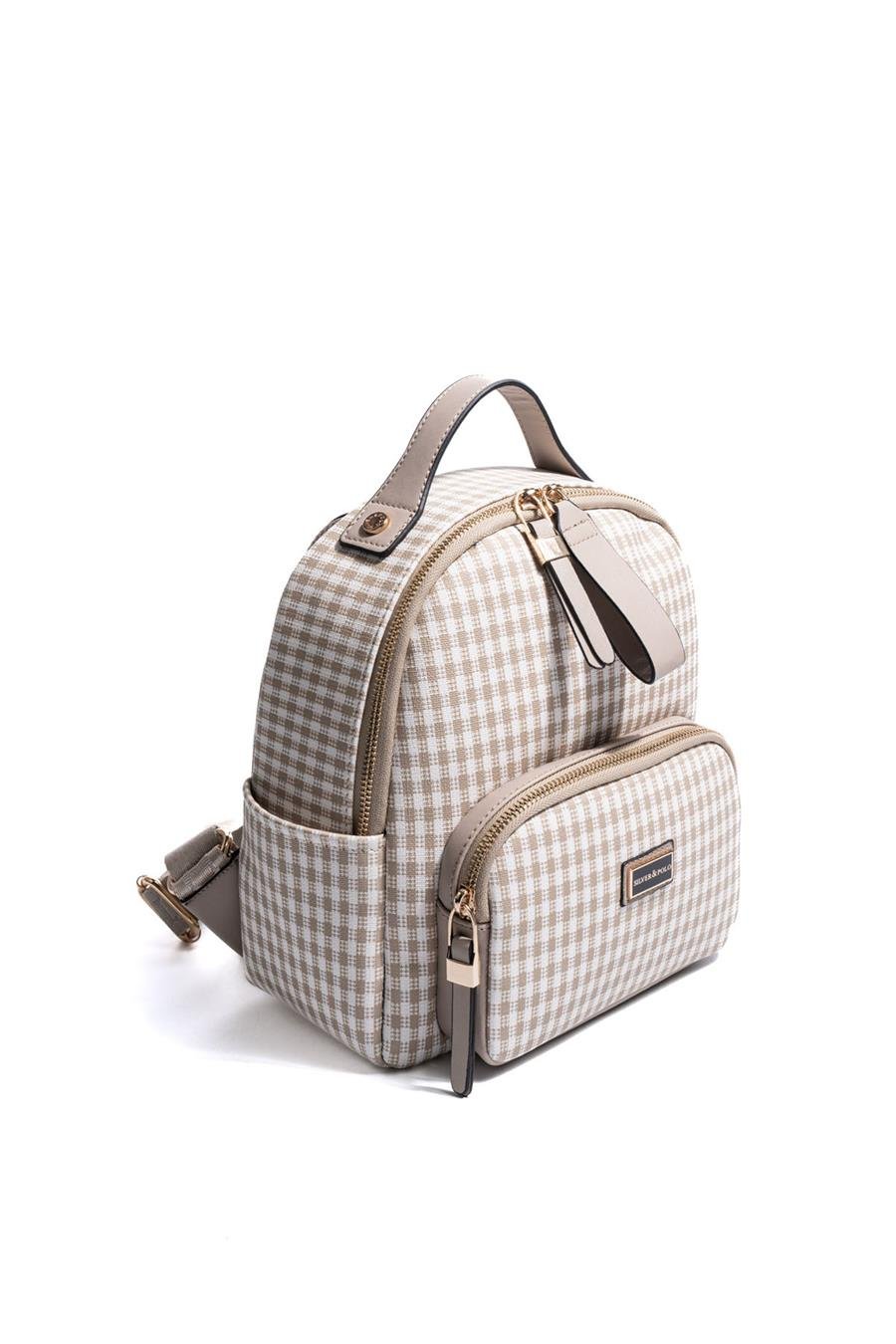 Silver & Polo SP1130 Kadın Sırt Çantası Ekose Line Kare Kum Beji-Kum