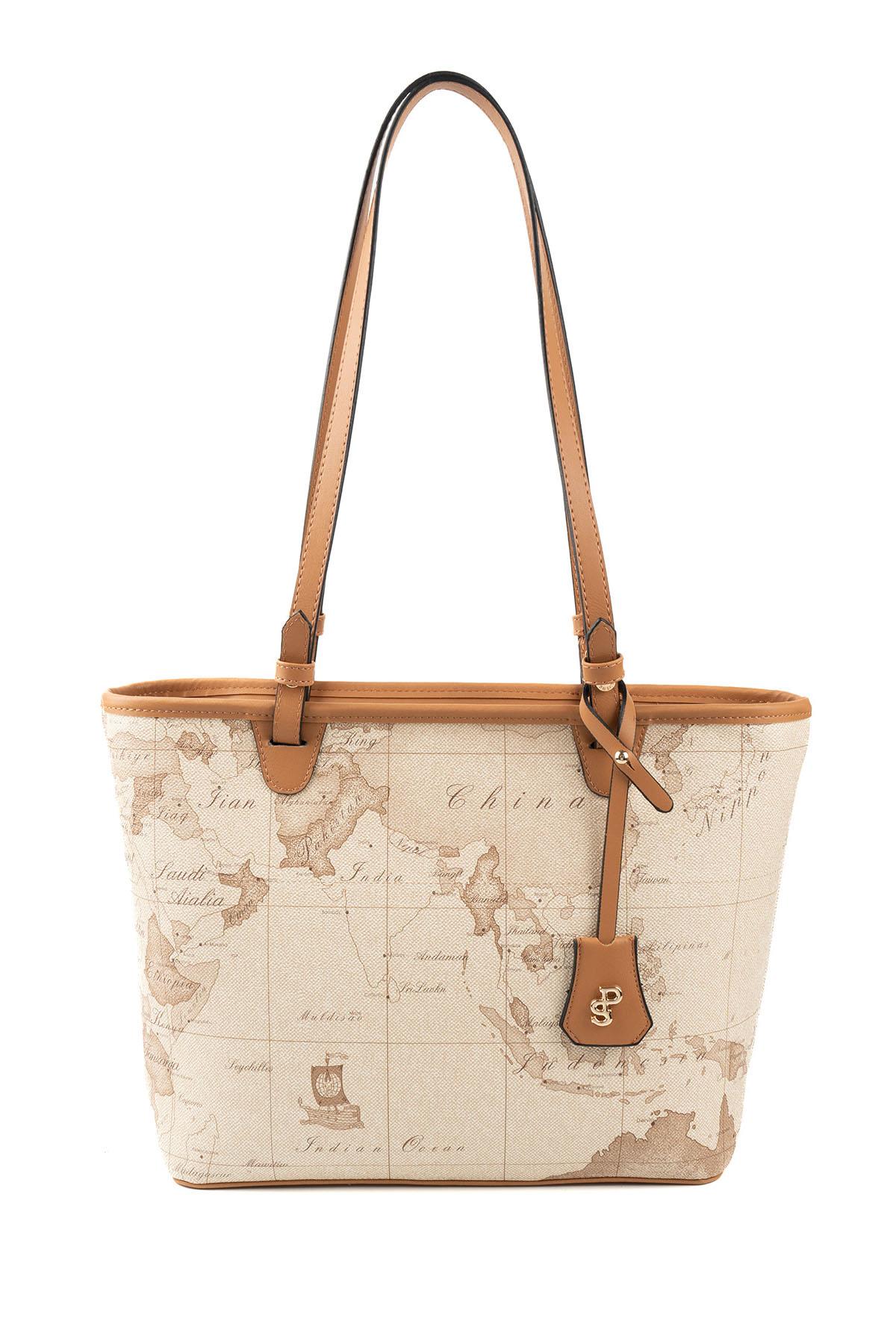 Silver & Polo SP1204 Kadın Omuz Çantası Harita Koyu Bej-A.Taba