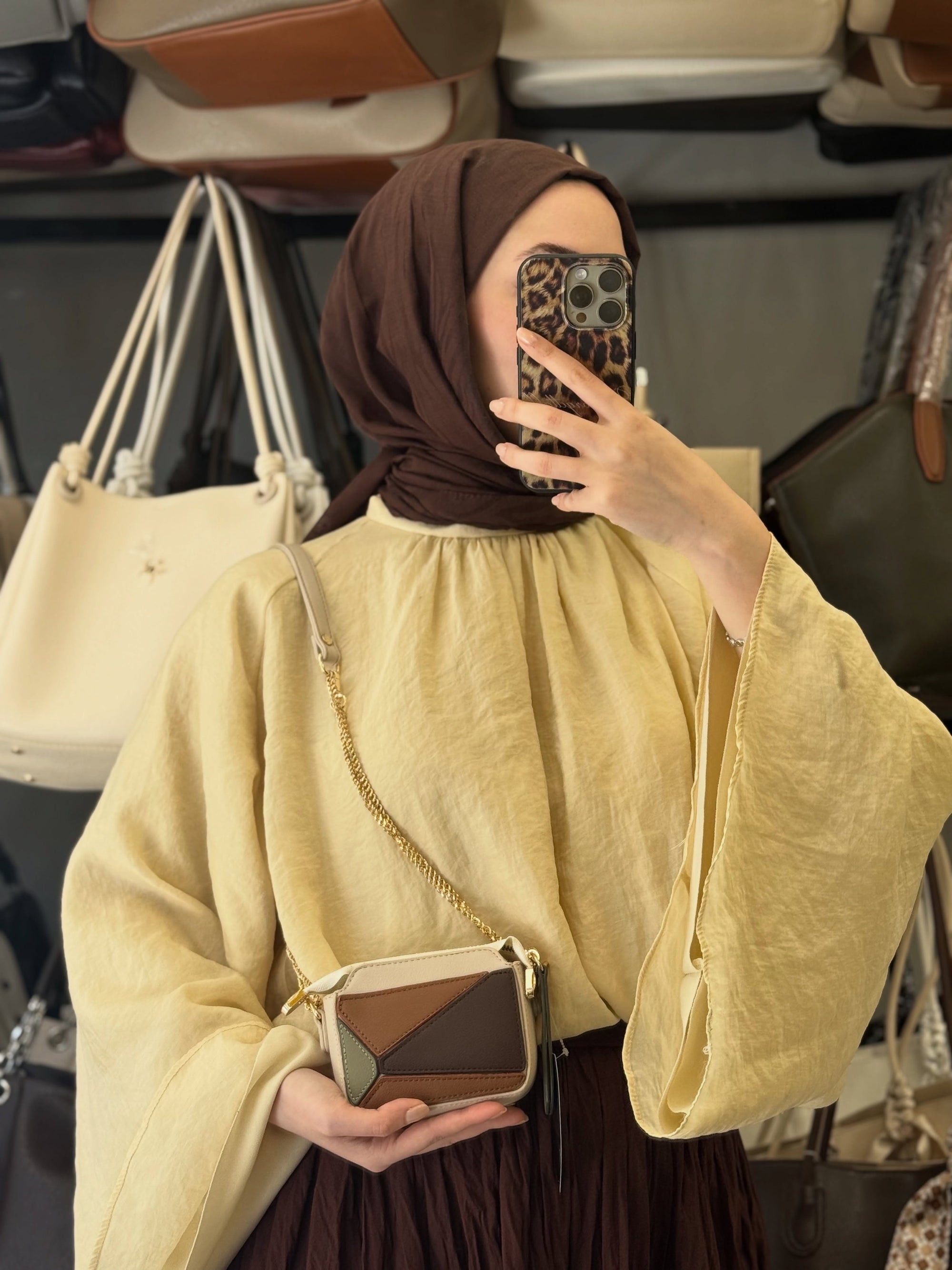 Nas Bag Krem Kahve Geometrik Bölmeli Kadın El ve Omuz Çantası - A1454