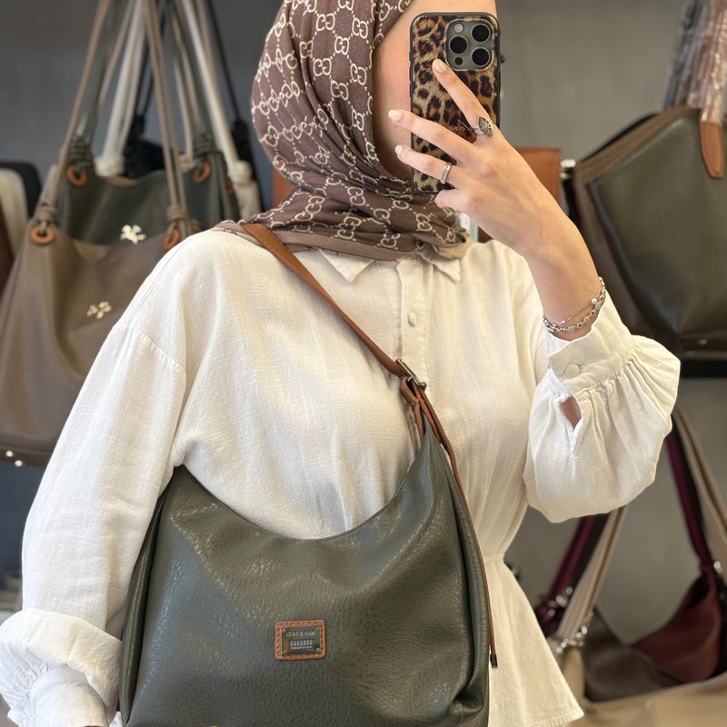 Nas Bag Haki Taba Detaylı Ayarlanabilir Askılı Yumuşak Deri Kadın Hobo Omuz Çantası - 1525