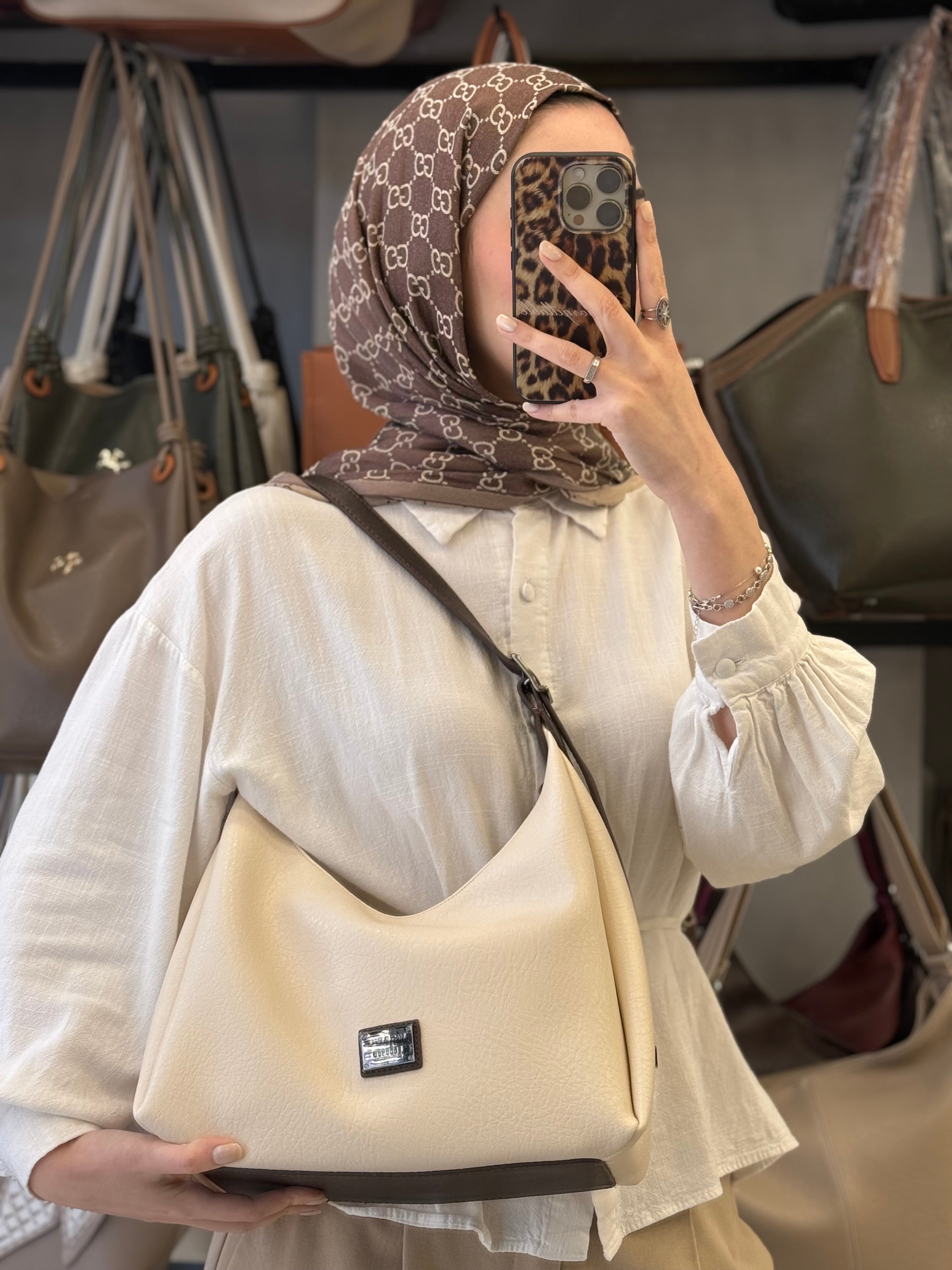 Nas Bag Krem Kahve Detaylı Ayarlanabilir Askılı Yumuşak Deri Kadın Hobo Omuz Çantası - 1525