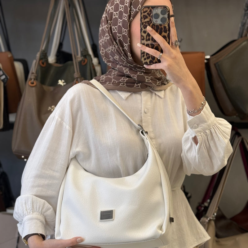 Nas Bag Beyaz Ayarlanabilir Askılı Yumuşak Deri Kadın Hobo Omuz Çantası - 1525