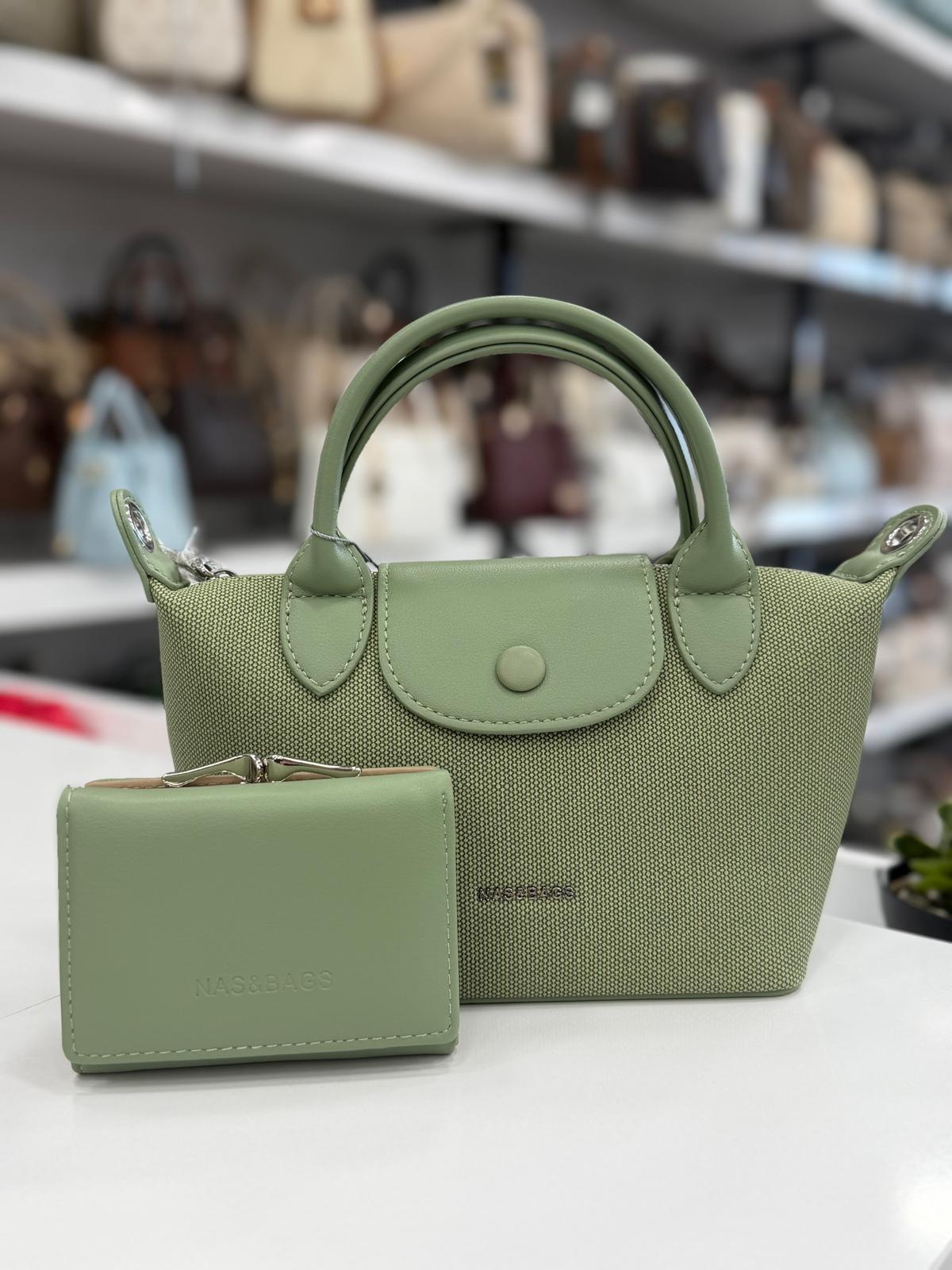 Nas Bag Yeşil Mini El ve Omuz Çantası + Cüzdan Seti - ns26009