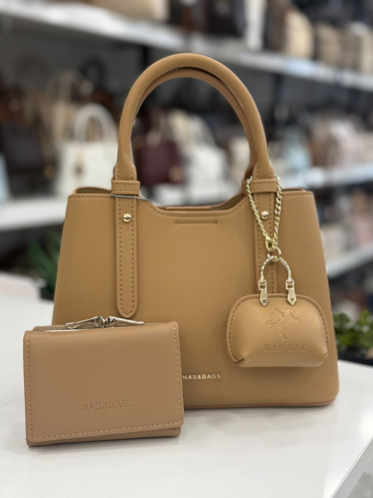 Nas Bag Camel Mini Çanta Charm'lı ve Cüzdanlı Kadın El & Omuz Çantası Seti (3'lü Set) - NS26022