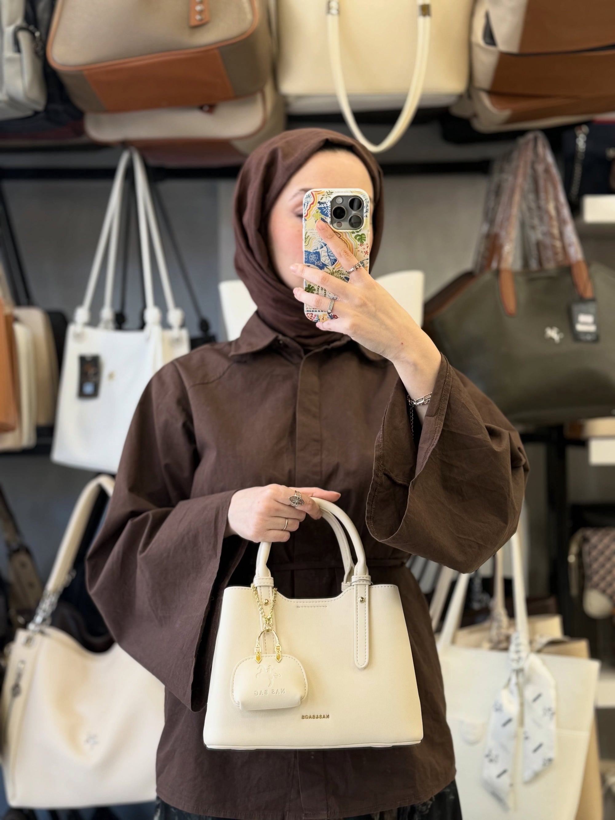Nas Bag Krem Mini Çanta Charm'lı ve Cüzdanlı Kadın El & Omuz Çantası Seti (3'lü Set) - NS26022