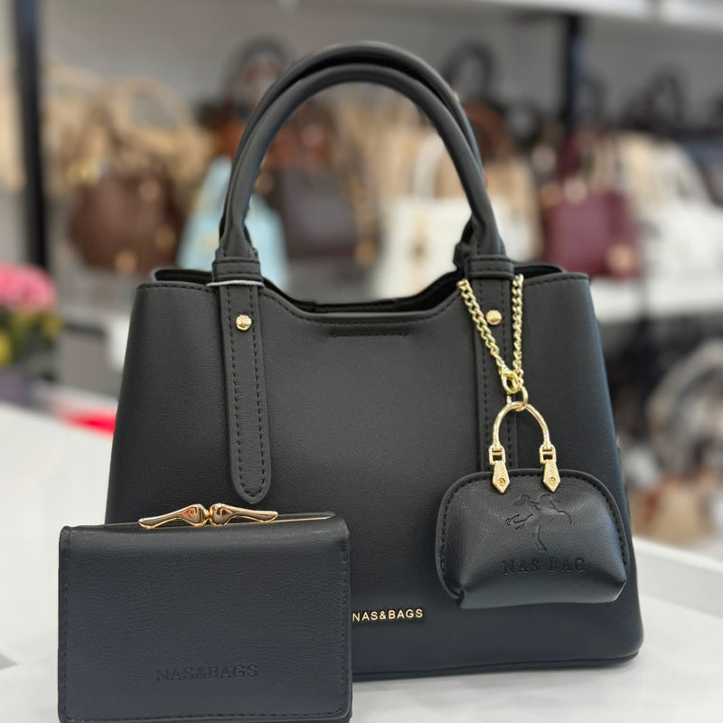Nas Bag Siyah Mini Çanta Charm'lı ve Cüzdanlı Kadın El & Omuz Çantası Seti (3'lü Set) - NS26022 - 1