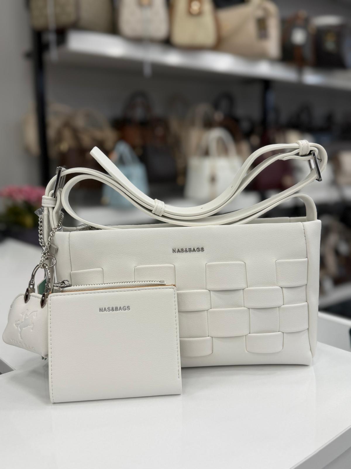 Nas Bag Beyaz Örgü Desenli Çanta & Kartlık Seti - ns26038