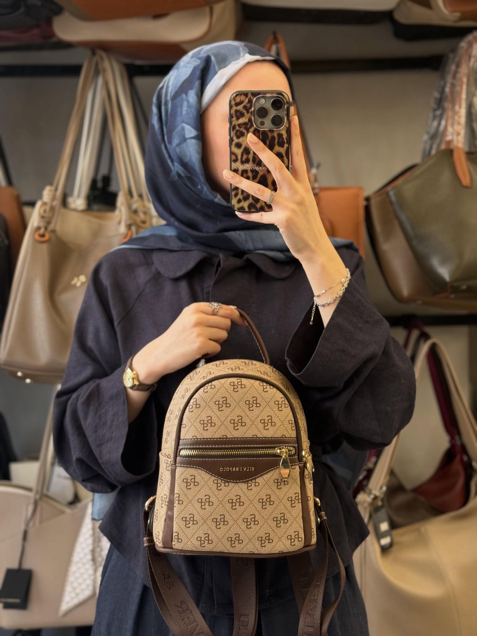 Silver & Polo Kum Kahve Mini Desenli & Logolu Sırt Çantası (Çok Cepli & Ayarlanabilir Askılı) - 983