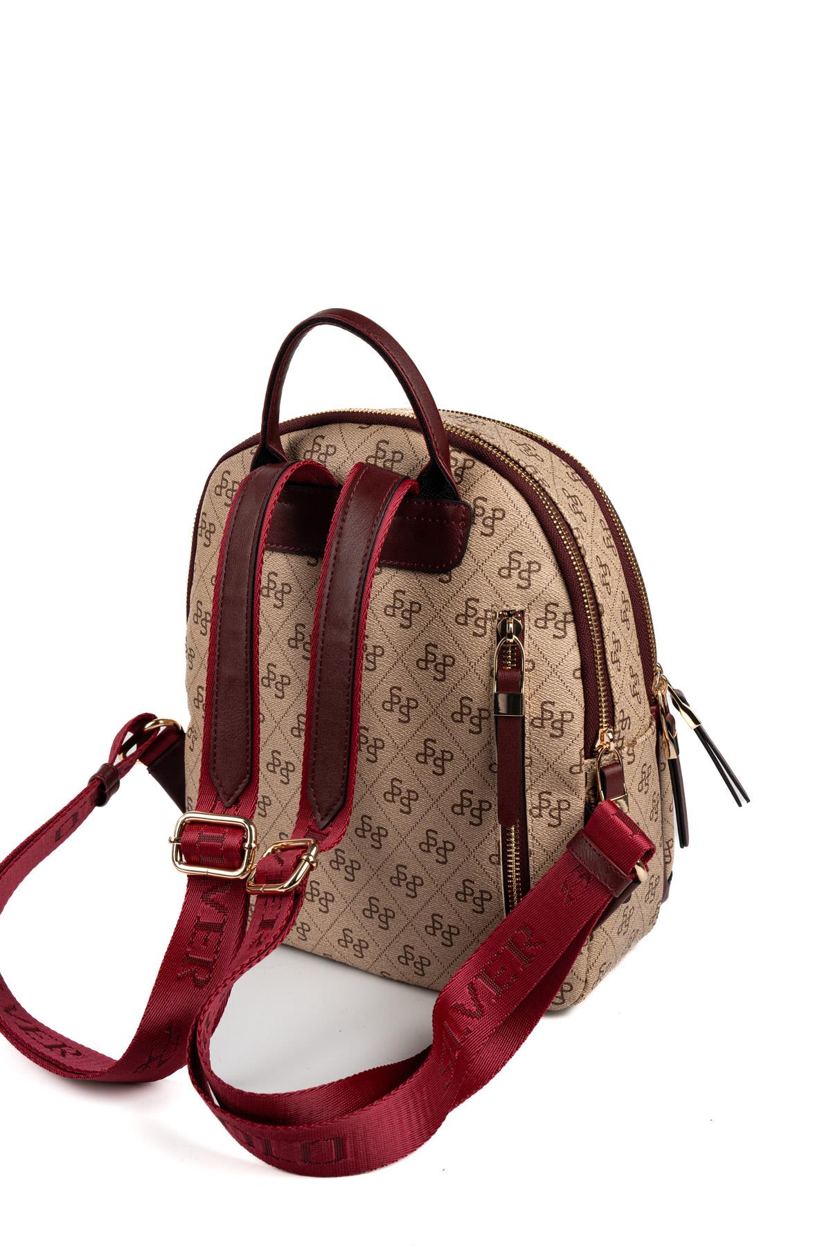 Silver & Polo SP1265 Kadın Sırt Çantası Monogram Koyu Bej-Bordo