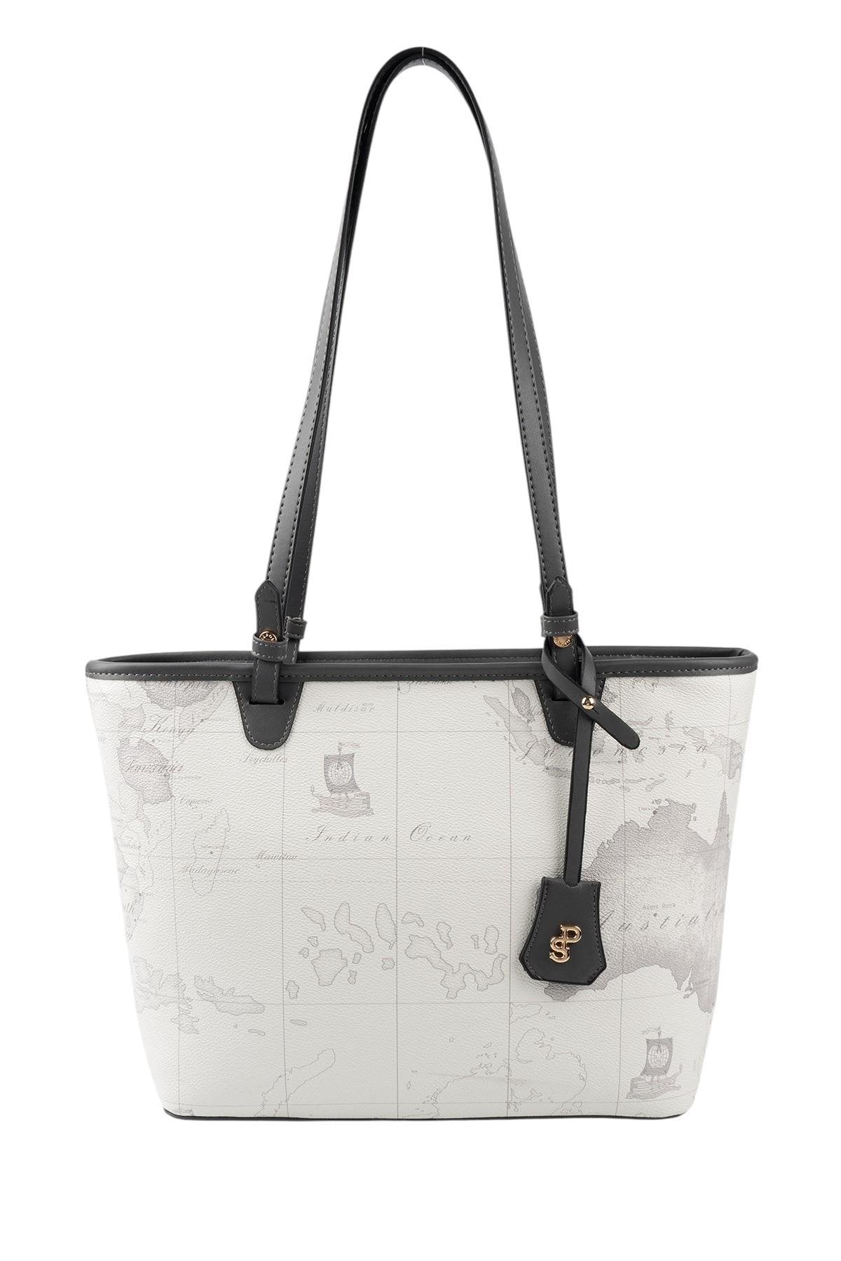 Silver & Polo SP1204 Kadın Omuz Çantası Harita Beyaz-Antrasit