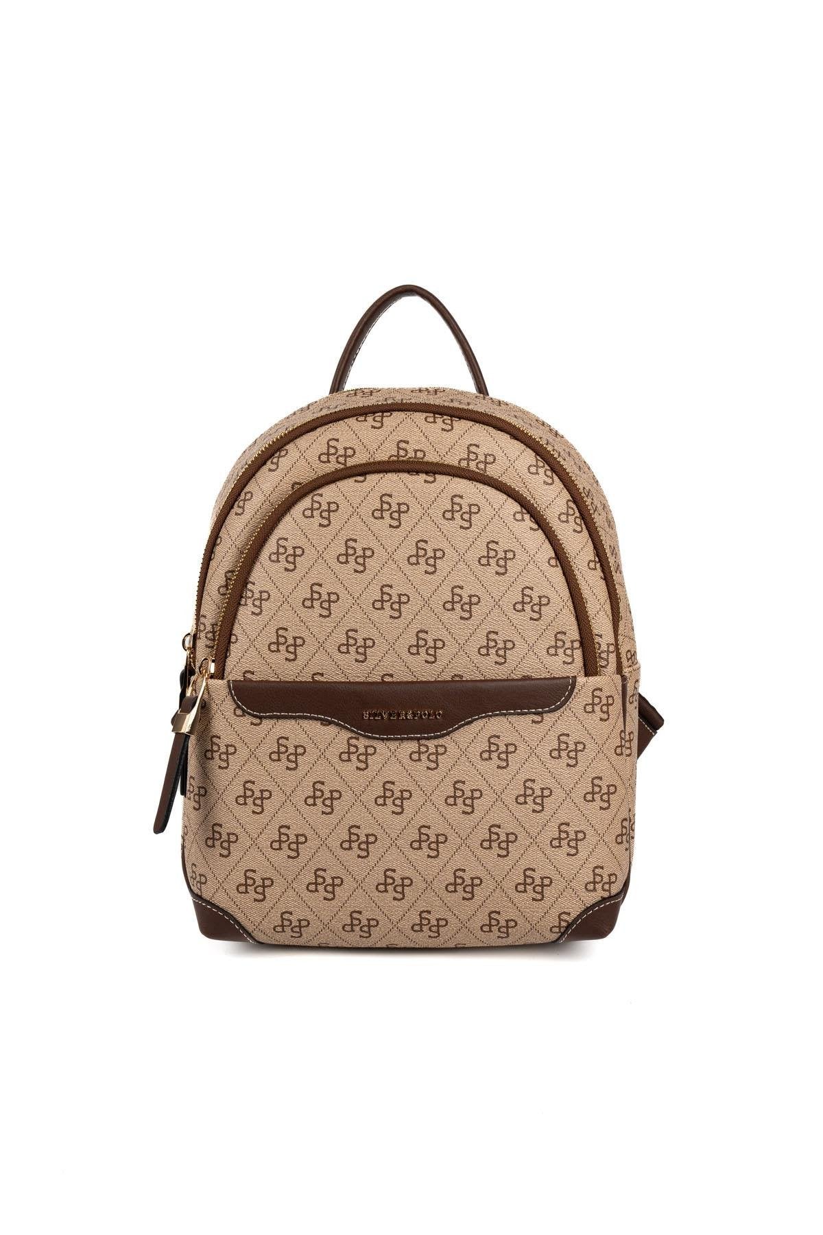 Silver & Polo SP1265 Kadın Sırt Çantası Monogram Koyu Bej-Kahve