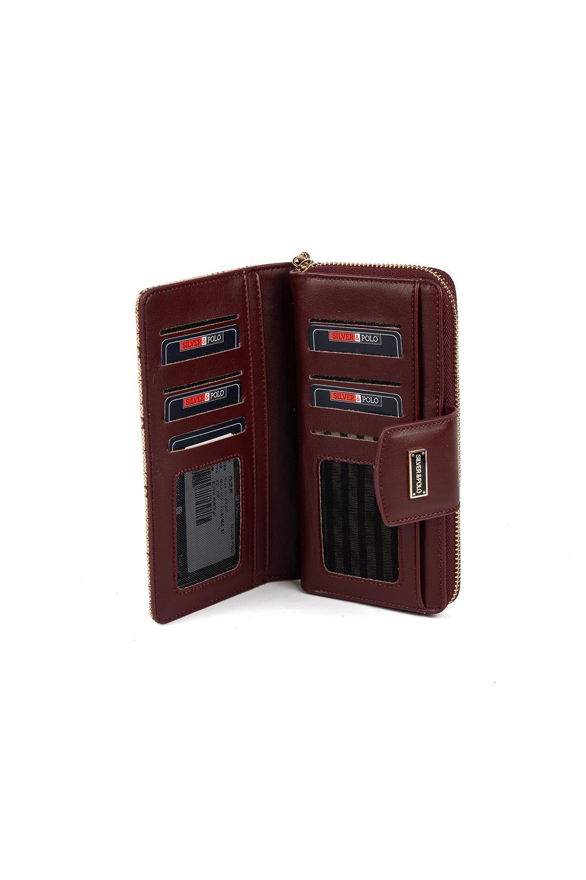 Silver & Polo SP928 Kadın Cüzdan & Kartlık Monogram Koyu Bej-Bordo