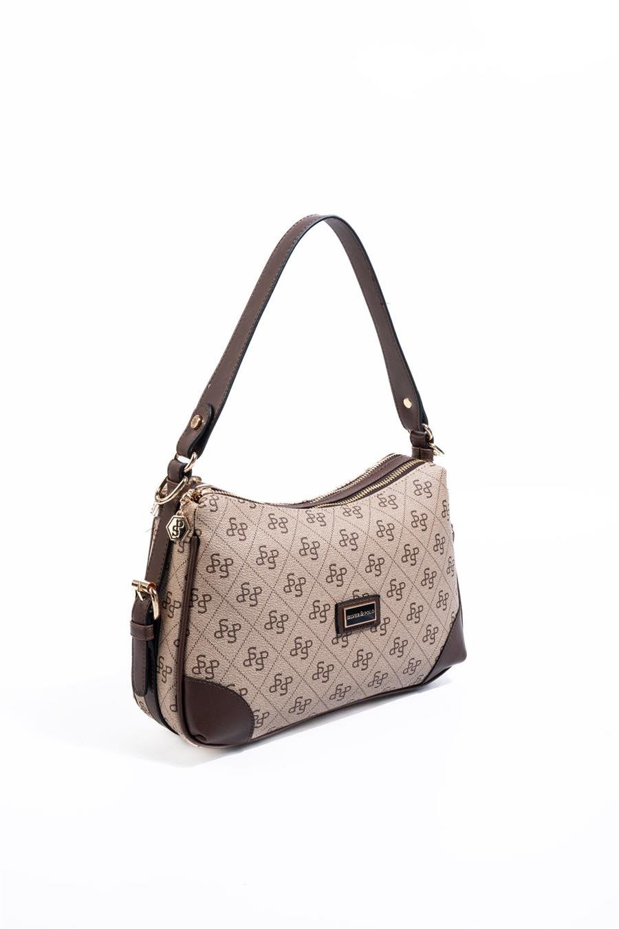 Silver & Polo SP1269 Kadın Omuz Çantası Monogram Koyu Bej-Kahve
