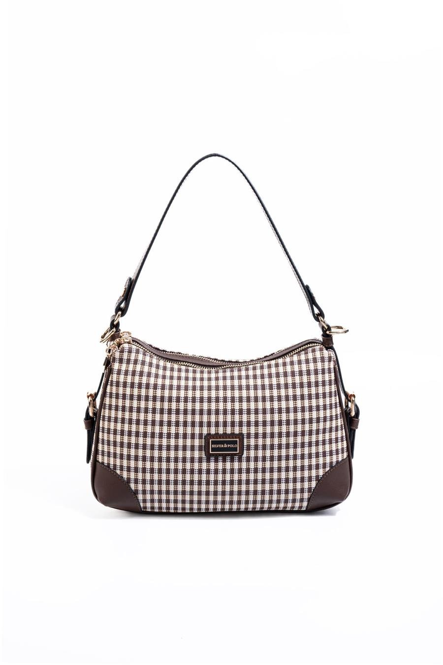 Silver & Polo SP1269 Kadın Omuz Çantası Ekose Line Kare Kahve Sarı-Kahve