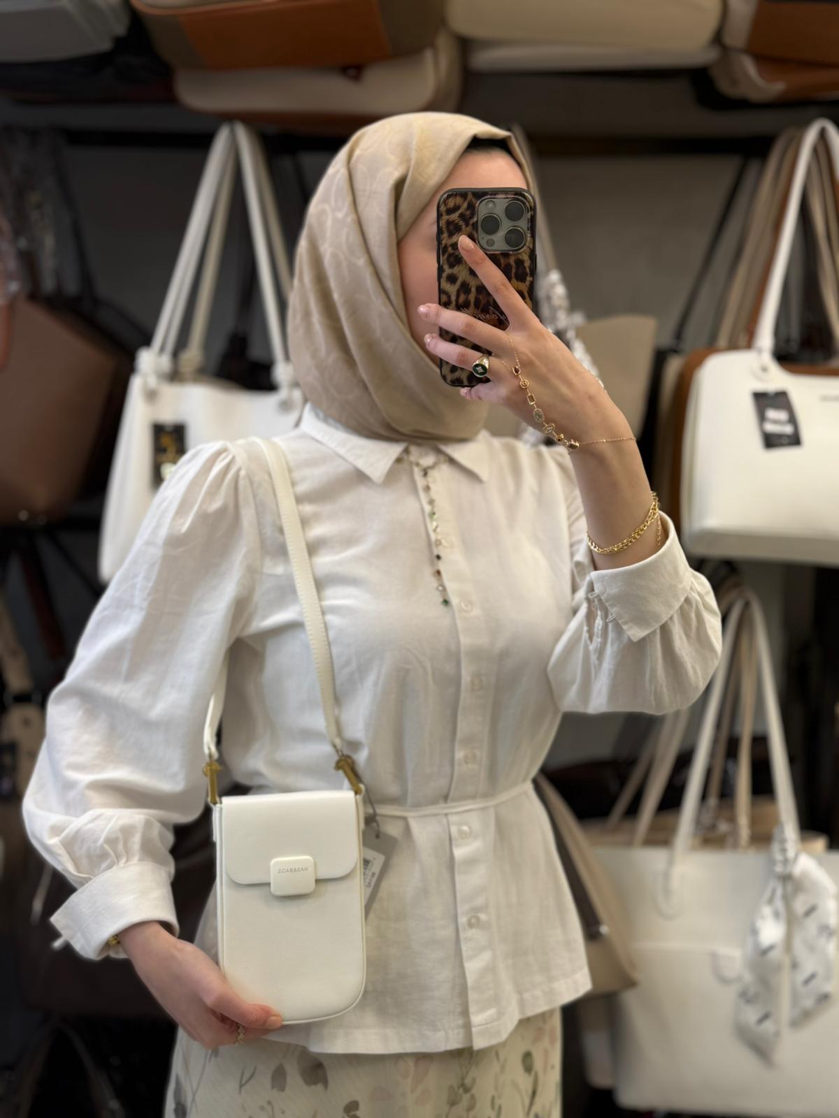 NASBAG Özel Seri - Çok Bölmeli Deri Beyaz Telefon Çantası - NS26032
