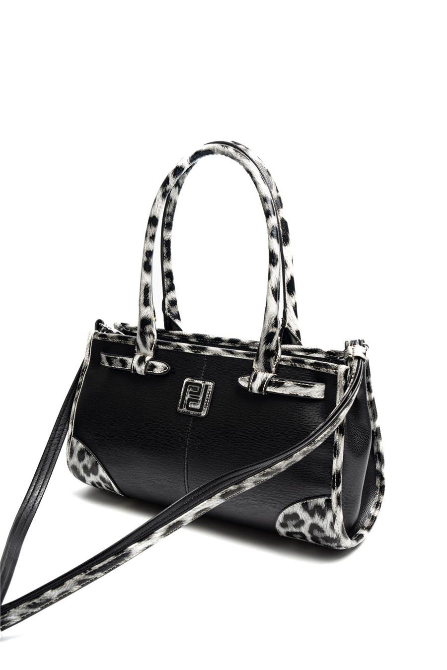 Silver & Polo SP1261 Kadın El Çantası Düz Siyah-Leopar Gri