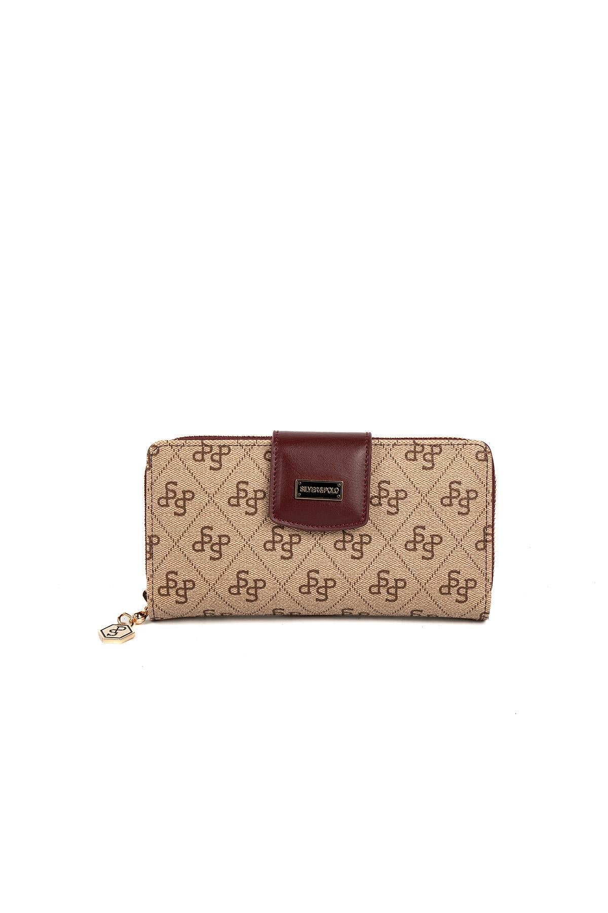 Silver & Polo SP928 Kadın Cüzdan & Kartlık Monogram Koyu Bej-Bordo