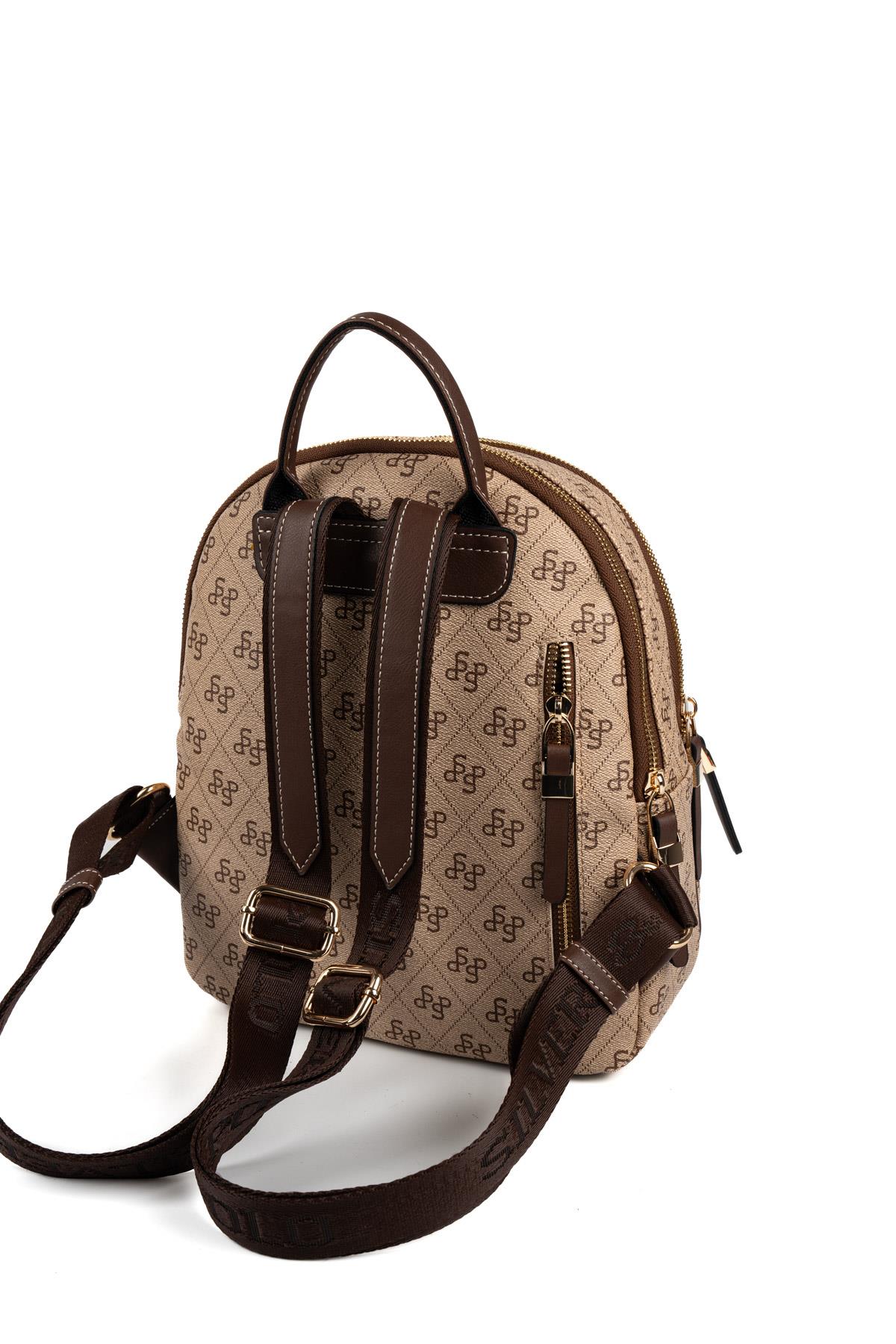 Silver & Polo SP1265 Kadın Sırt Çantası Monogram Koyu Bej-Kahve