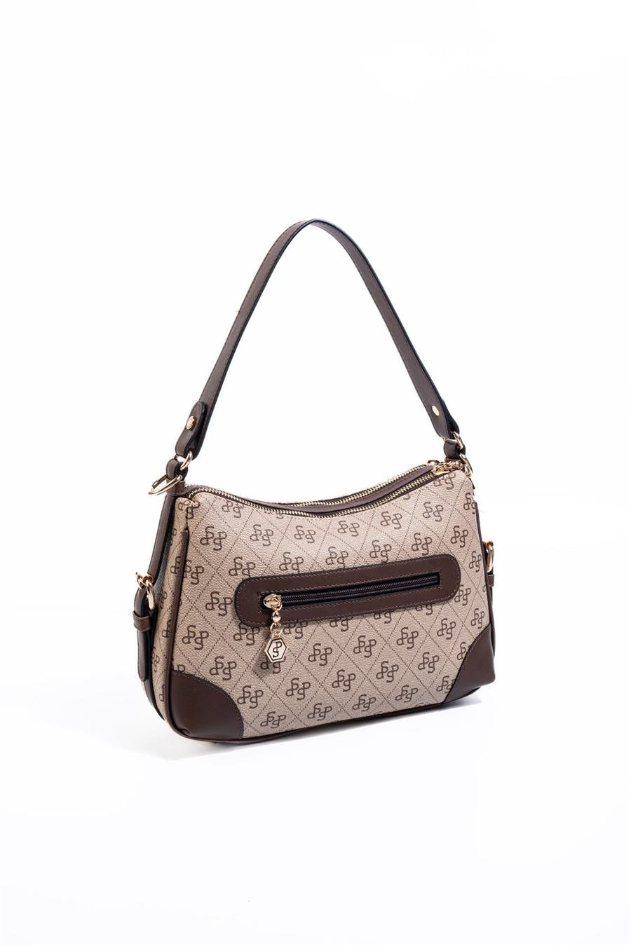 Silver & Polo SP1269 Kadın Omuz Çantası Monogram Koyu Bej-Kahve