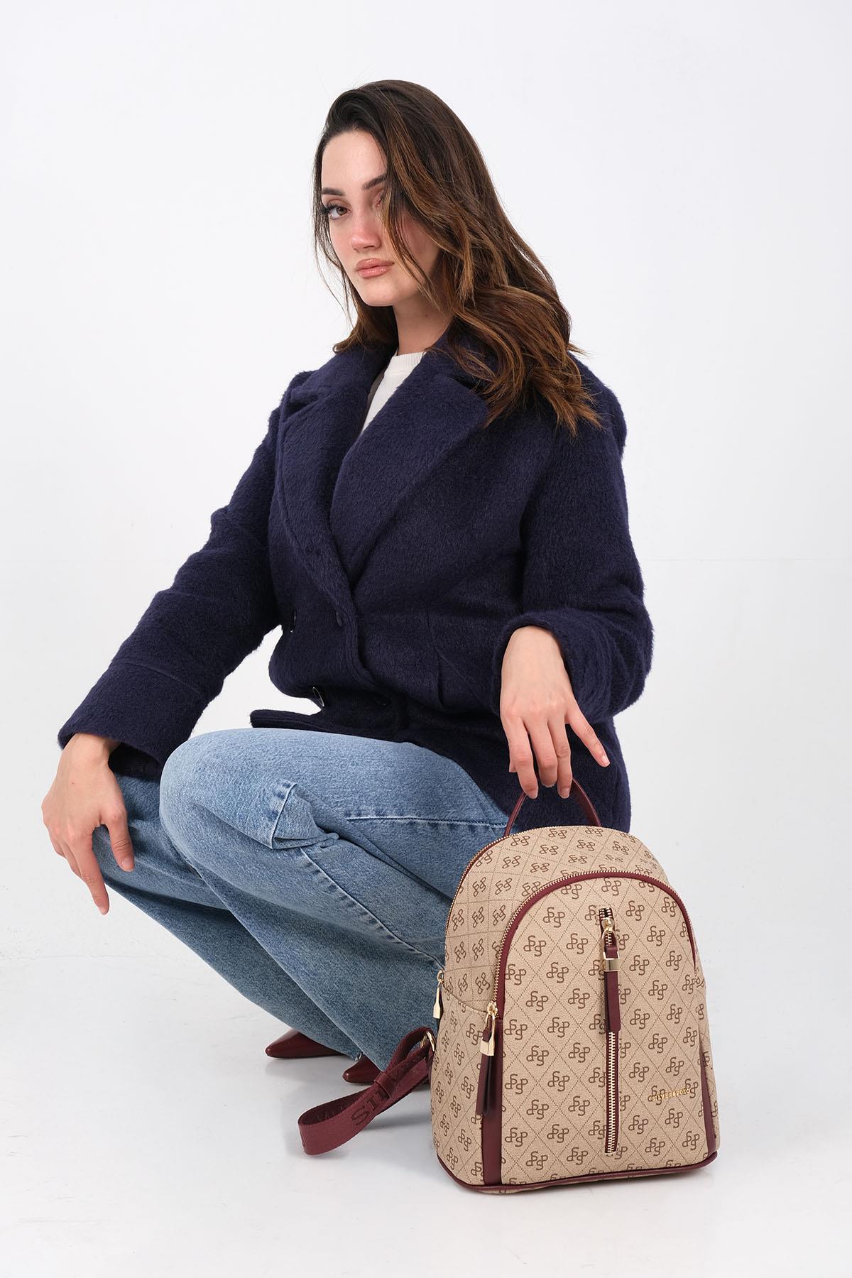 Silver & Polo SP901 Kadın Sırt Çantası Monogram Koyu Bej-Bordo