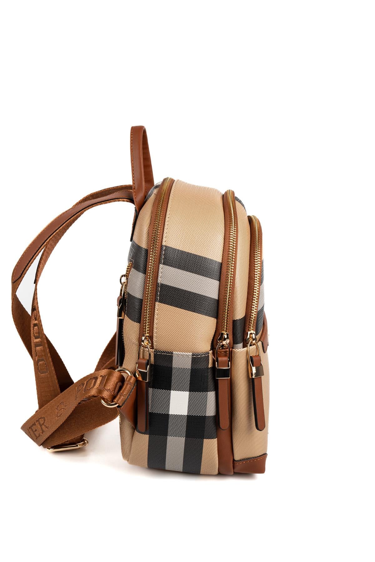 Silver & Polo SP1265 Kadın Sırt Çantası Ekose Bej-Taba