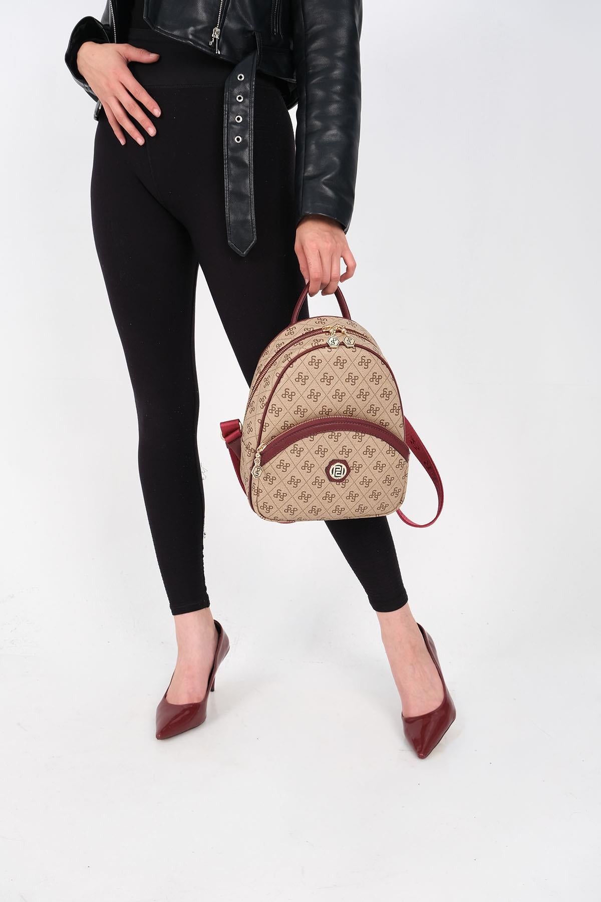 Silver & Polo Koyu Bej - Bordo SP945 Kadın Sırt Çantası