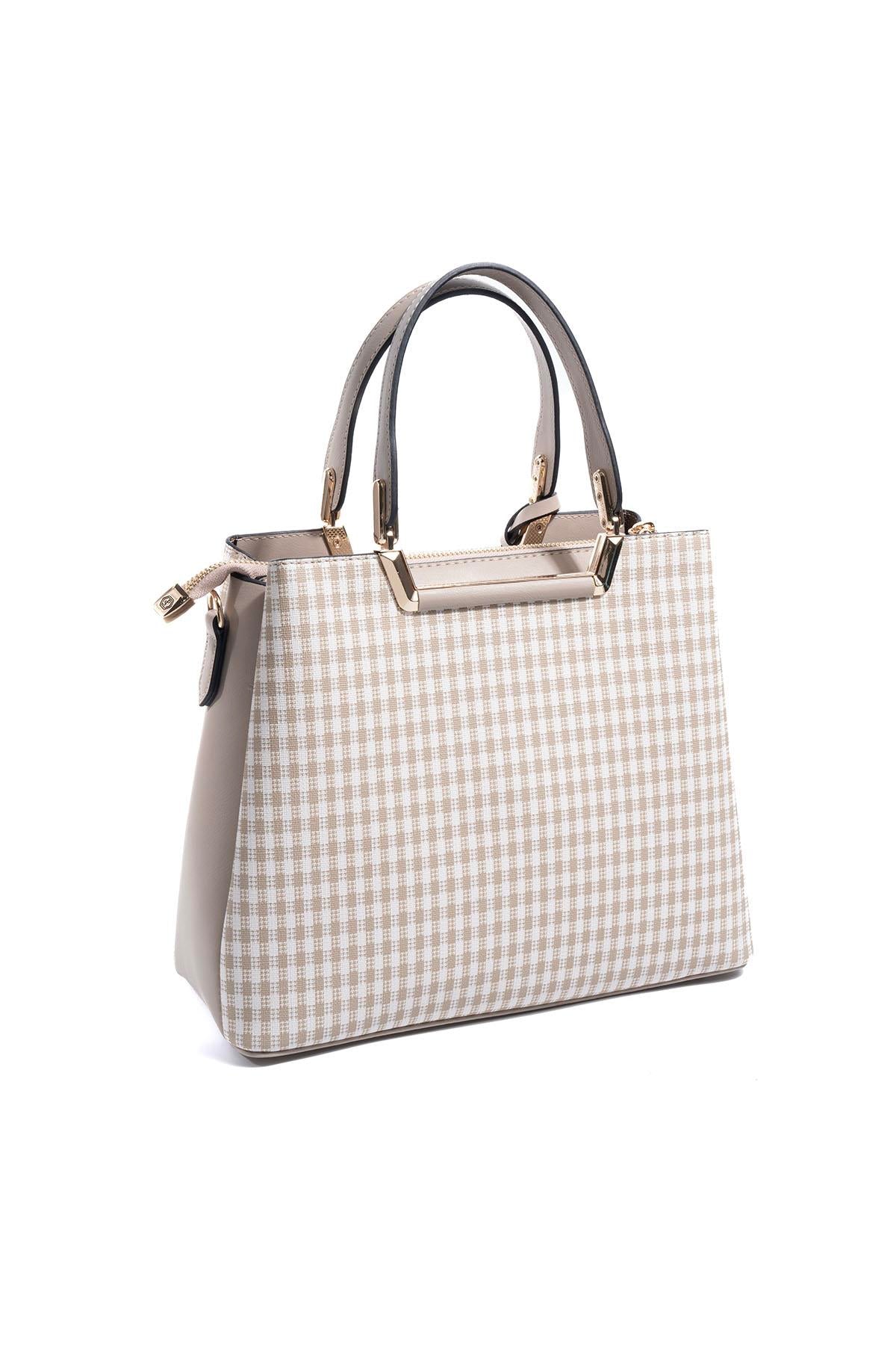 Silver & Polo SP969 Kadın El Çantası Ekose Line Kare Kum Beji-Kum