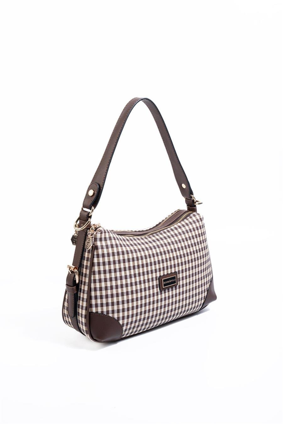 Silver & Polo SP1269 Kadın Omuz Çantası Ekose Line Kare Kahve Sarı-Kahve