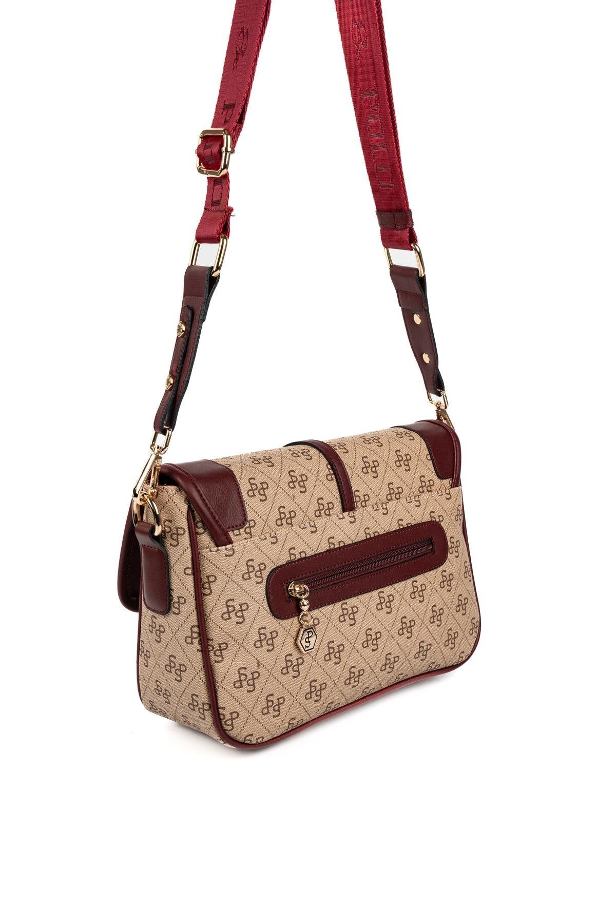 Silver & Polo SP1182 Kadın Çapraz Çanta Monogram Koyu Bej-Bordo