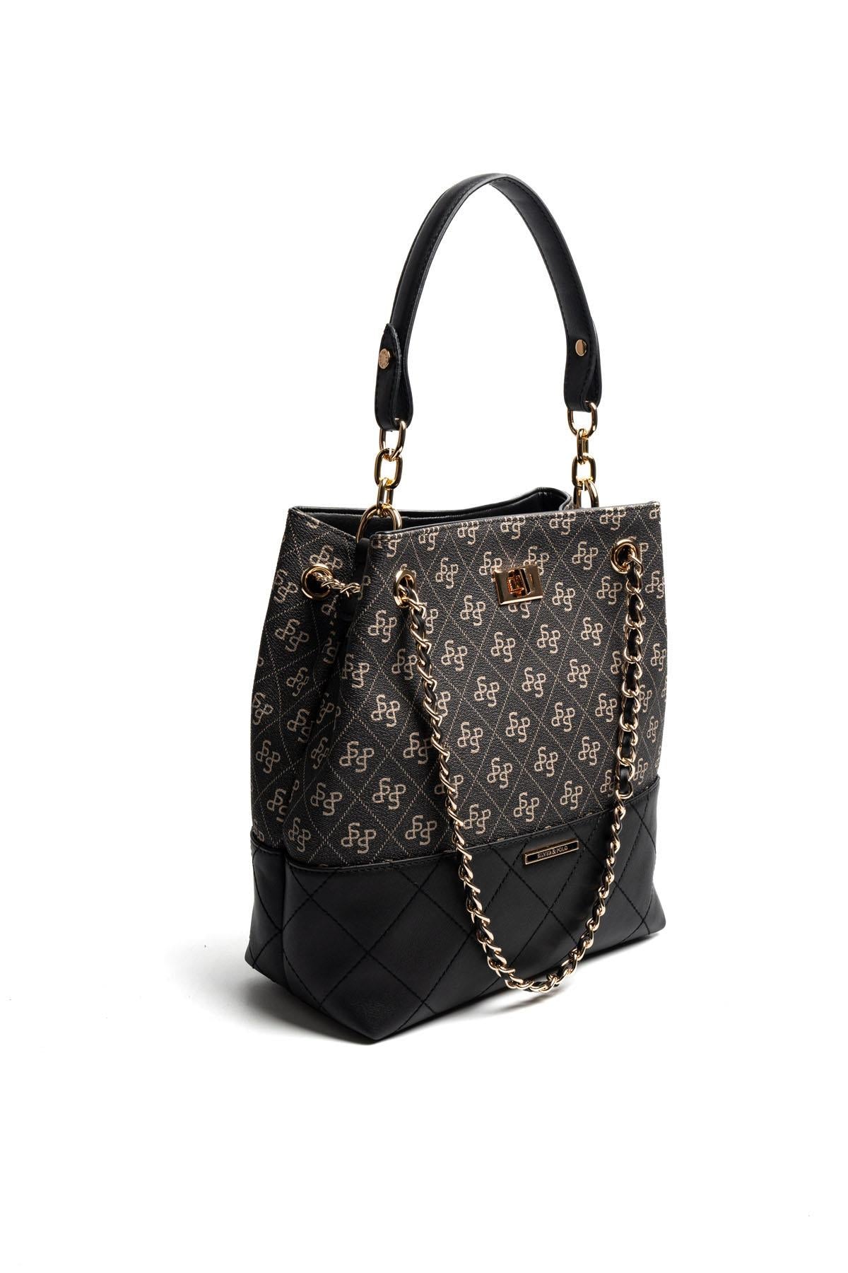 Silver & Polo SP1262 Kadın Omuz Çantası Monogram Füme-Siyah