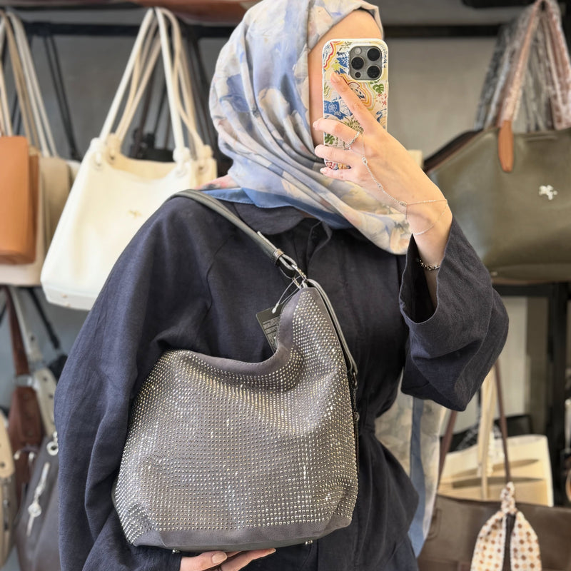Nas Bag Gri Parıltılı Taş Detaylı Ultra Yumuşak Kadın Omuz Çantası - 1071 - 1