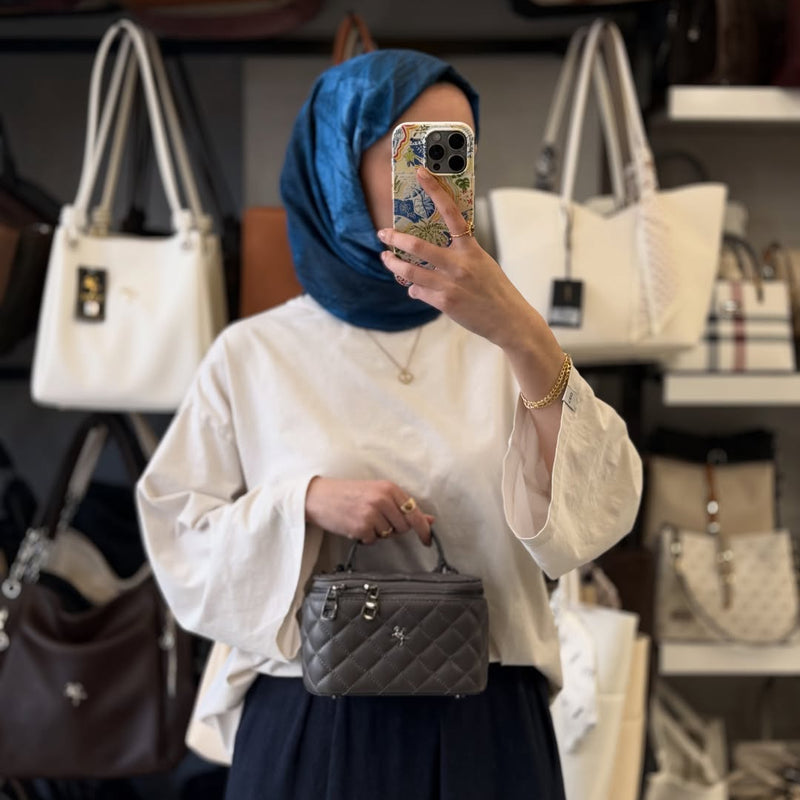 Nas Bag Gri Kapitone Desenli Mini Kutu Çanta - 1497 - 3
