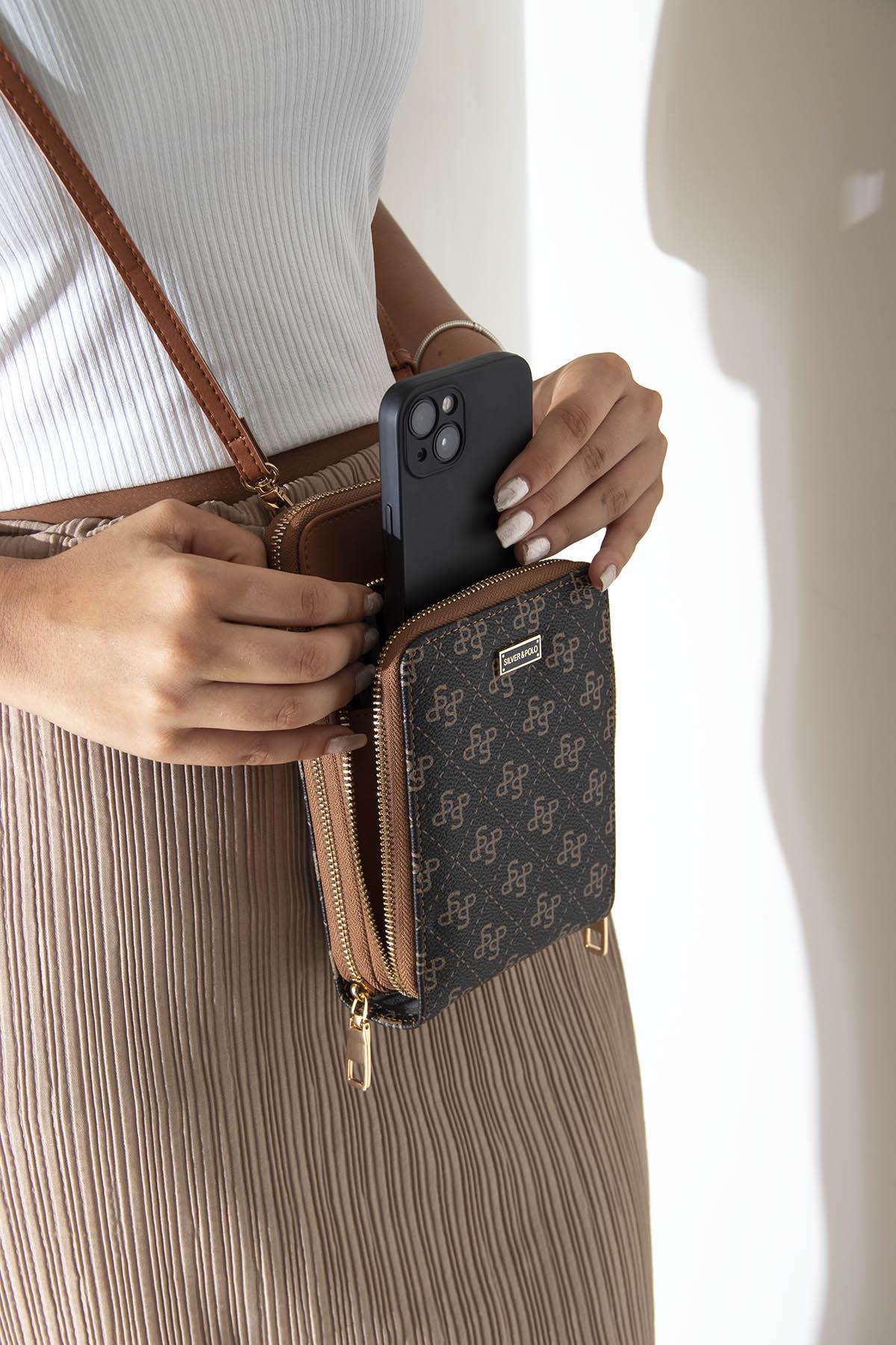 Silver & Polo Kahve Sarı  - Taba SP1011 Kadın Askılı Cüzdanlı Telefon Çantası
