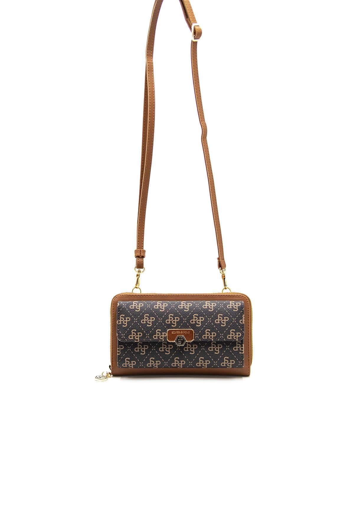 Silver & Polo Kahve Sarı  - Taba SP921 Kadın Askılı Cüzdanlı Telefon Çantası