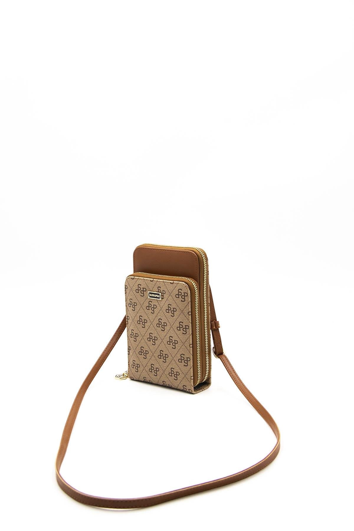 Silver & Polo Koyu Bej  - Taba SP1011 Kadın Askılı Cüzdanlı Telefon Çantası
