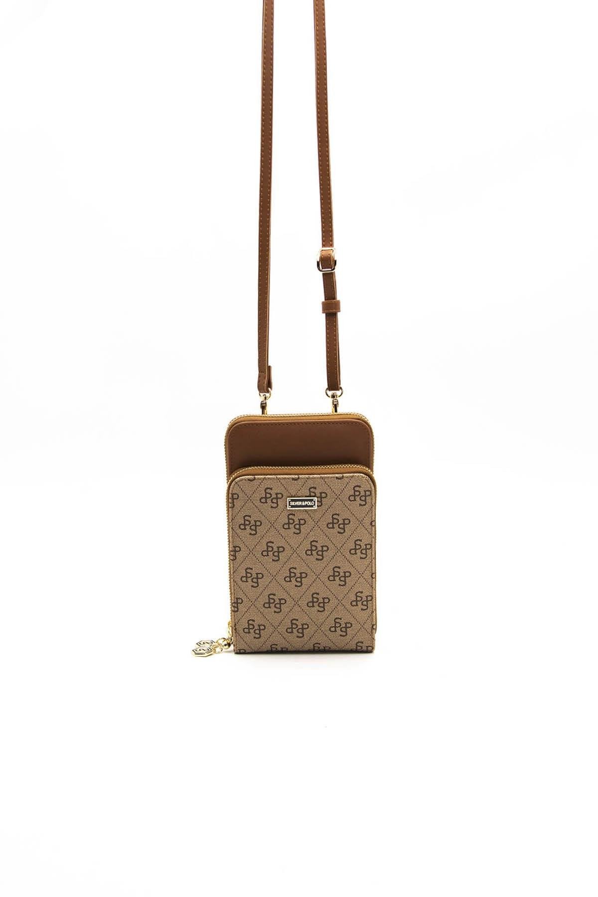 Silver & Polo Koyu Bej  - Taba SP1011 Kadın Askılı Cüzdanlı Telefon Çantası