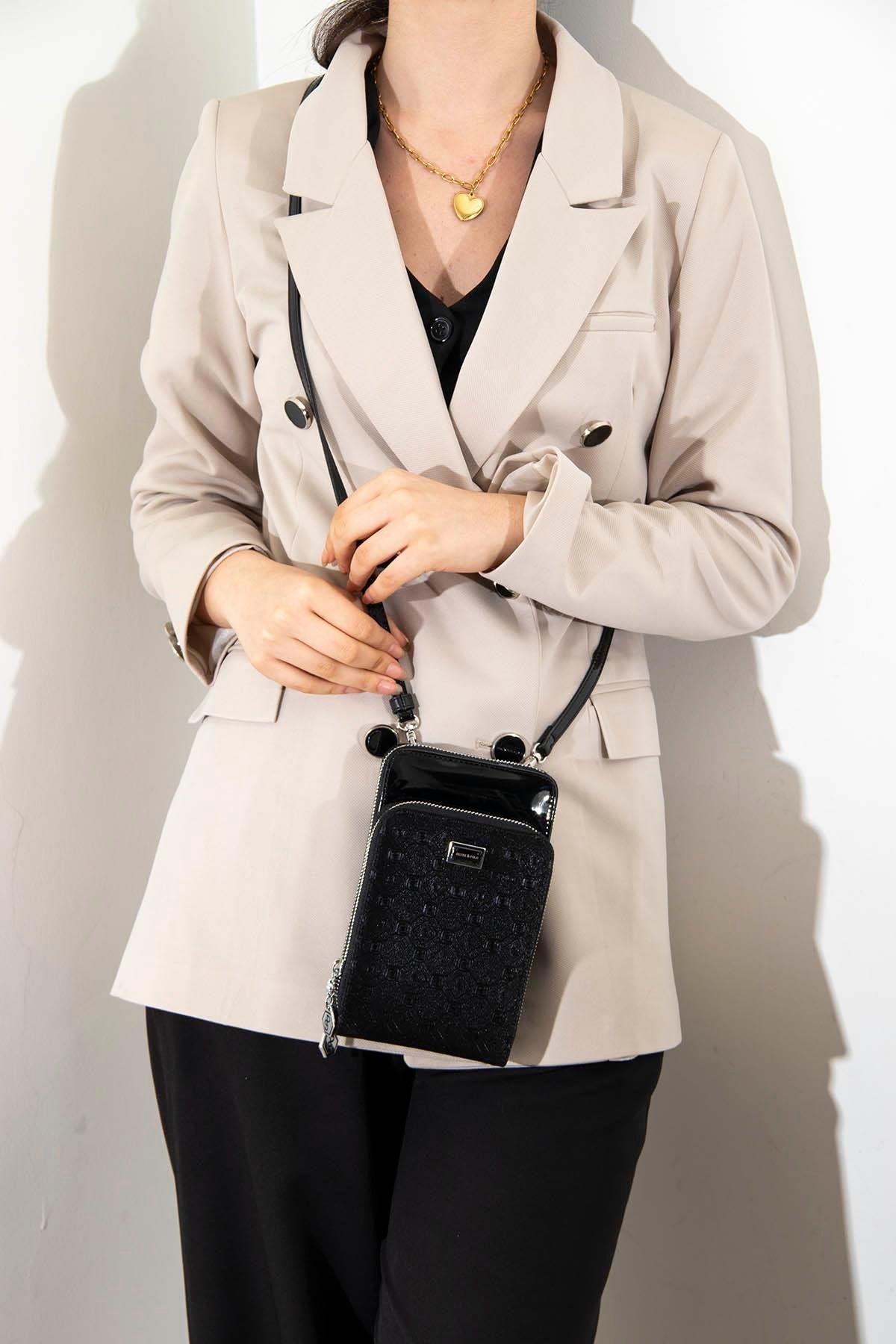 Silver & Polo Siyah - Siyah SP1011 Kadın Askılı Cüzdanlı Telefon Çantası